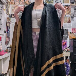 SOLD ON OTHER PLATFORM: Black and Tan Fringe Poncho. OUT OF STOCK